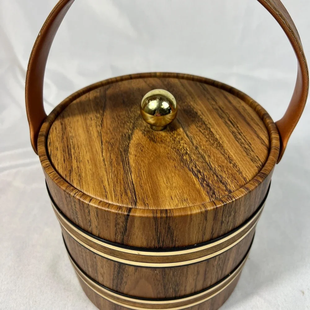 VTG Faux Wood Ice Bucket with Lid Handle Gold Tone Trim Elmar MFG LA Barware
